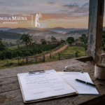 Documentos de inventário e ITR sobre mesa com propriedade rural ao fundo