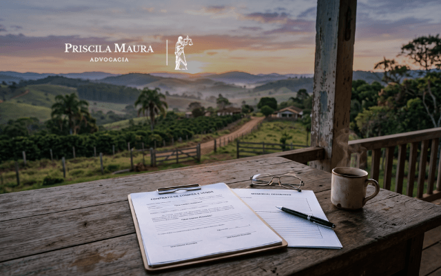 Documentos de inventário e ITR sobre mesa com propriedade rural ao fundo