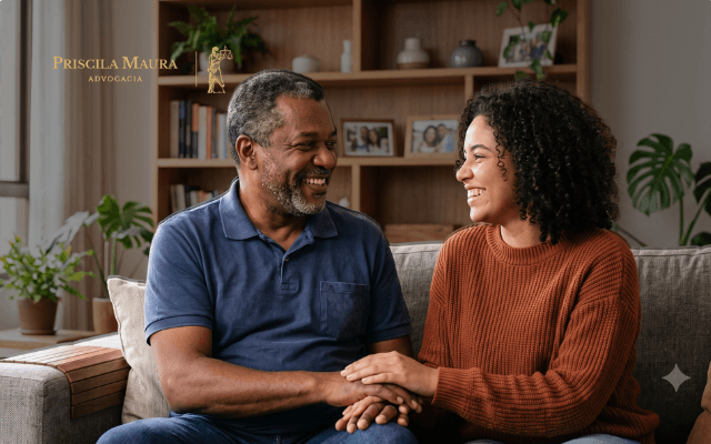 Pai socioafetivo e filha adulta representam vínculo familiar construído pelo cuidado