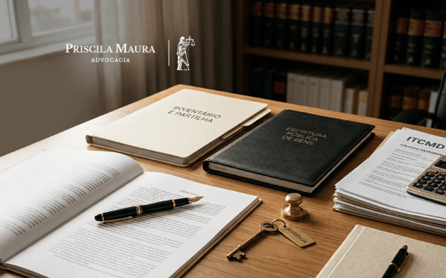 Documentos em uma mesa de cartório representando a formalização de inventário